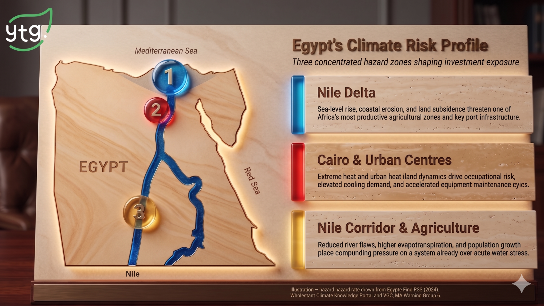 Figure 1. Egypt's three concentrated climate hazard zones — Nile Delta, urban centres, and the Nile corridor — each carrying distinct investment implications.