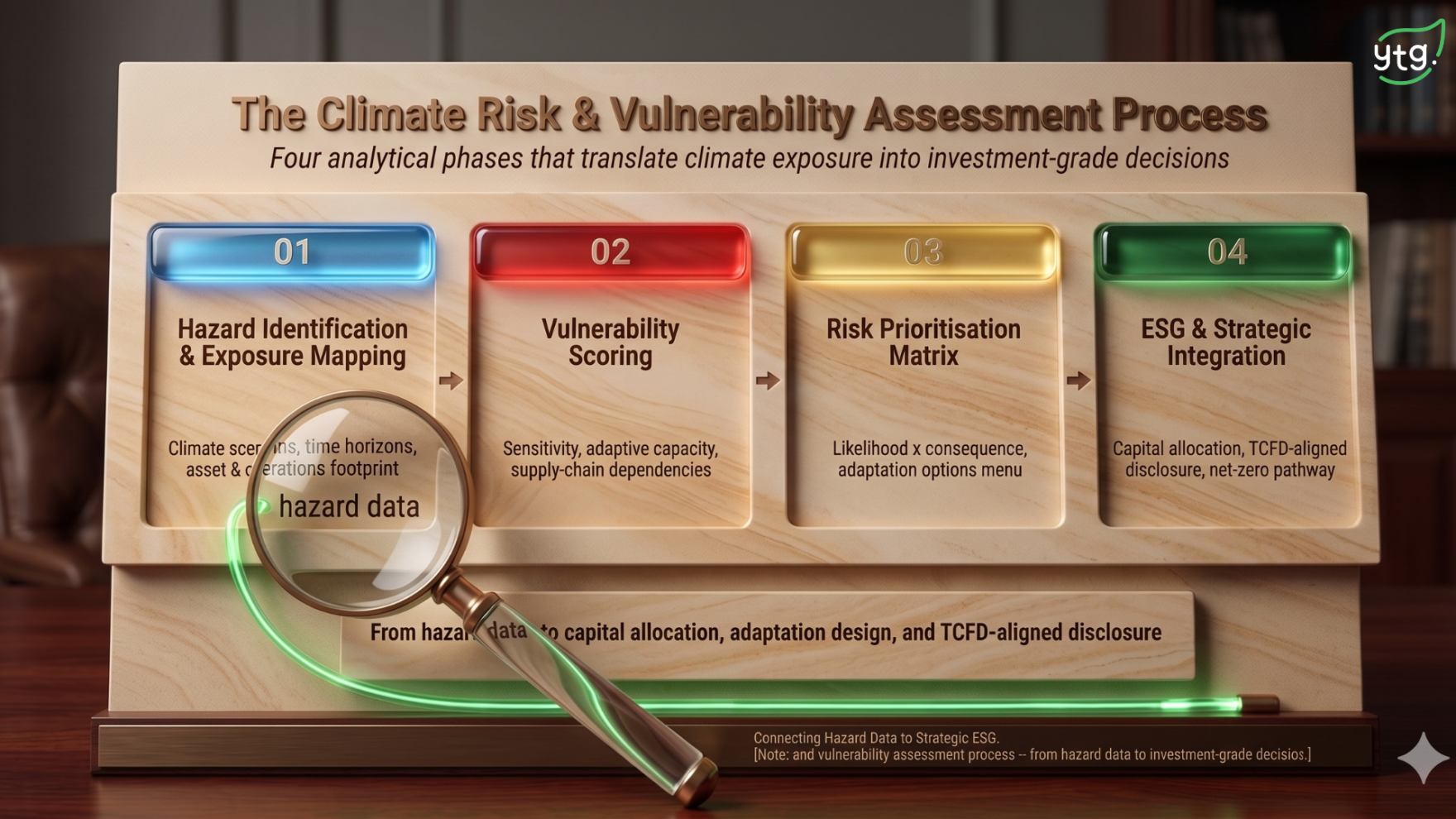 Figure 2. The four-phase climate risk and vulnerability assessment process — from hazard data to investment-grade decisions. 